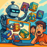Illustration d’un robot scalper capturant des coffrets Pokémon TCG grâce à un bot d’achat ultra-rapide tandis que deux collectionneurs frustrés observent l’écran – scène emblématique du bot scalping Pokémon et de la pénurie d’ETB, displays et tripacks