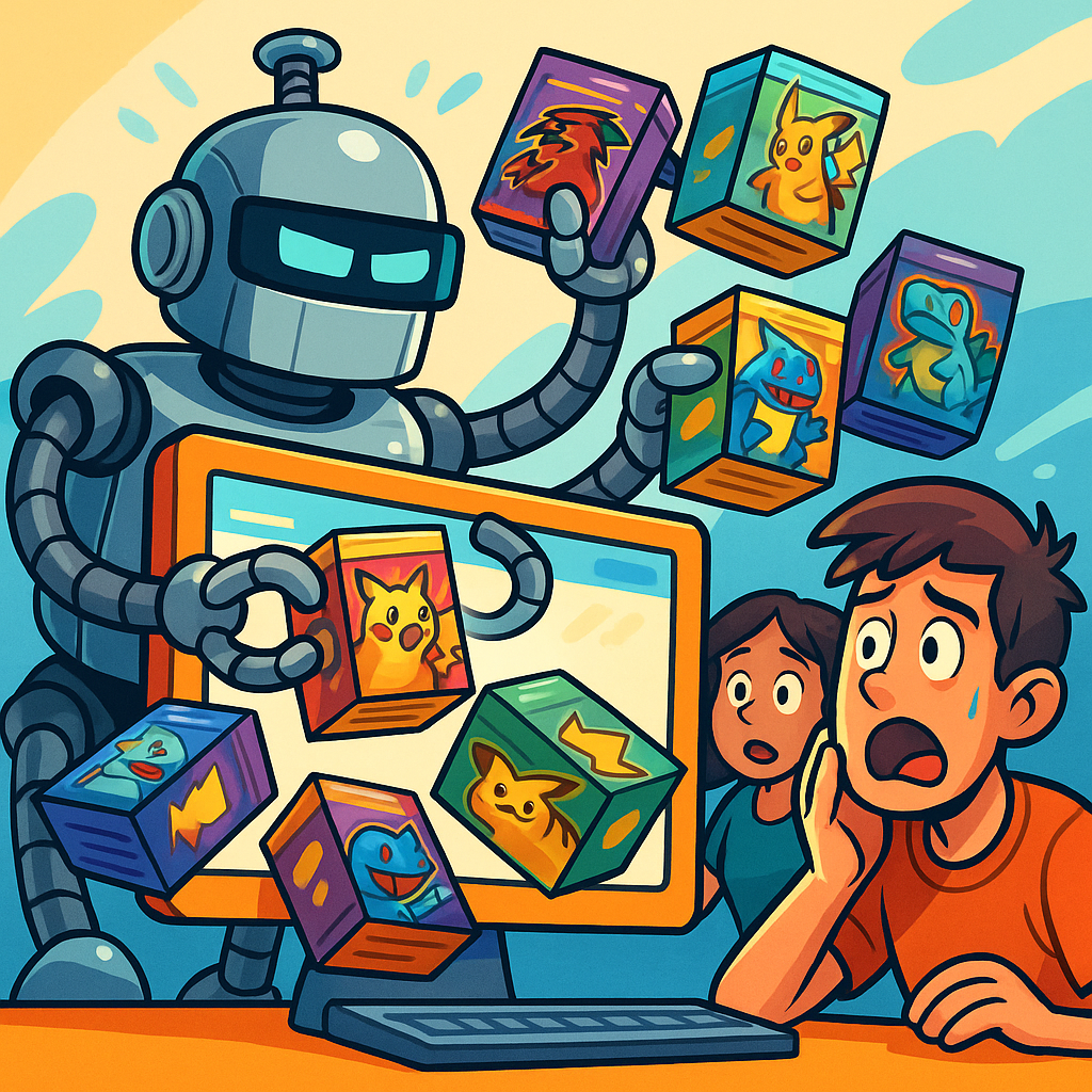 Illustration d’un robot scalper capturant des coffrets Pokémon TCG grâce à un bot d’achat ultra-rapide tandis que deux collectionneurs frustrés observent l’écran – scène emblématique du bot scalping Pokémon et de la pénurie d’ETB, displays et tripacks