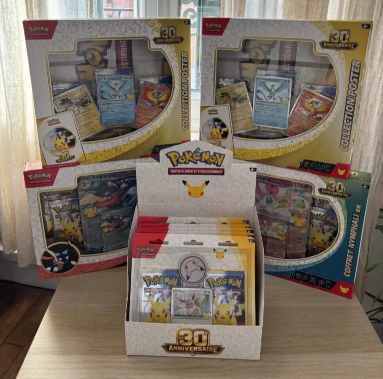 Achats Pokémon chez B&M : collections poster, coffrets Amphinobi-ex et Nymphali-ex, et duopacks 30 ans