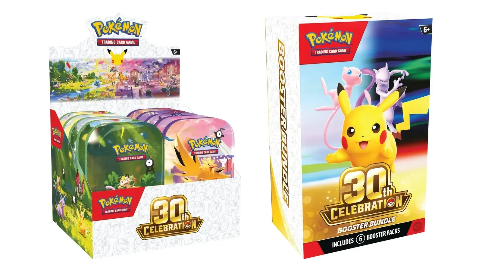 Mini Tins et bundle 6 boosters Pokémon 30 ans, visuels officiels de la gamme 30th Celebration