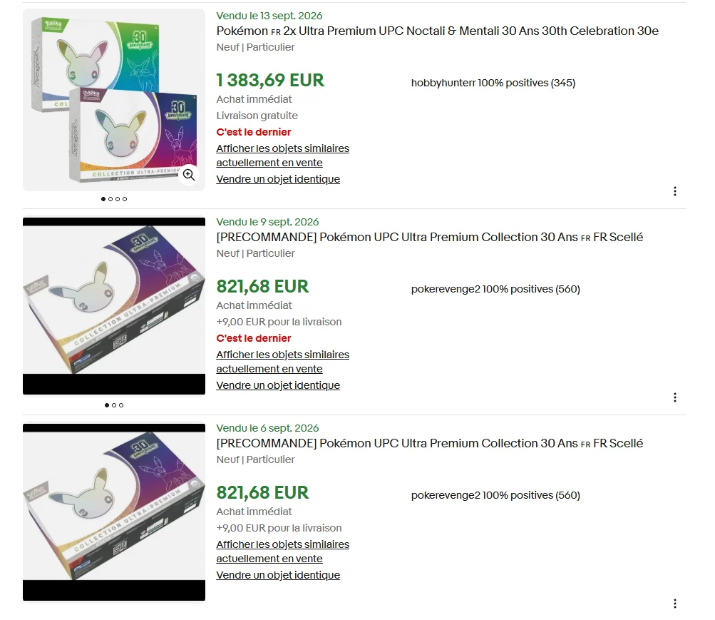 Résultats eBay pour les UPC Pokémon 30 ans : annonces unitaires et lot de deux coffrets marqués vendus en septembre 2026